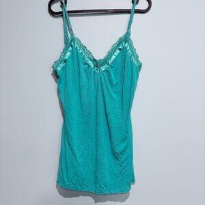 Vintage Express Teal Lace Trimmed Y2K Cami with satin trim and shimmery fabric